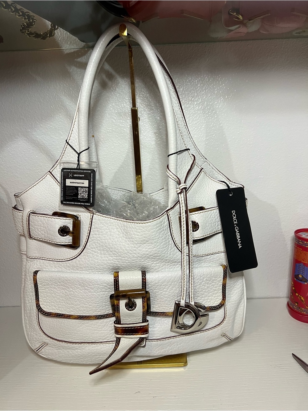 Dolce & Gabbana White Pebbled Leather Shoulder Bag with Tortoiseshell Trim